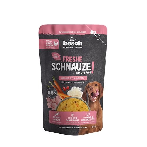 Bosch Freshe Schnauze Nassfutter Huhn mit Reis & Karotten 250g (Menge: 8 je Bestelleinheit) Bosch Freshe Schnauze Nassfutter Huhn mit Reis & Karotten 250g (Menge: 8 je Bestelleinheit)