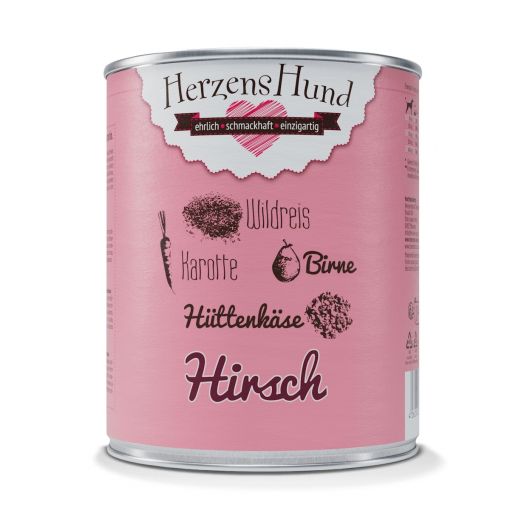 Herzenshund Hirsch mit Wildreis, Karotte, Birne, Hüttenkäse, Leinöl 800g (Menge: 6 je Bestelleinheit) Herzenshund Hirsch mit Wildreis, Karotte, Birne, Hüttenkäse, Leinöl 800g (Menge: 6 je Bestelleinheit)