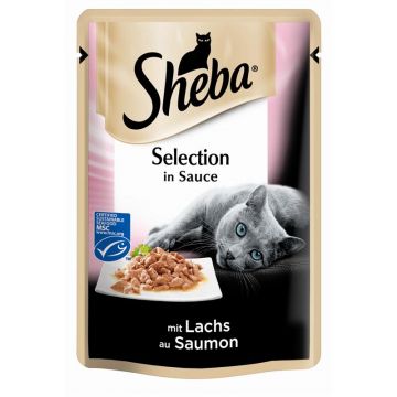 Sheba Portionsbeutel zarte Streifen mit Lachs in Sauce 85g (Menge: 28 je Bestelleinheit) Sheba Portionsbeutel zarte Streifen mit Lachs in Sauce 85g (Menge: 28 je Bestelleinheit)