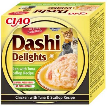Inaba Cat Dashi Delights Chicken, Tuna & Scallop 70g (Menge: 6 je Bestelleinheit) Inaba Cat Dashi Delights Chicken, Tuna & Scallop 70g (Menge: 6 je Bestelleinheit)